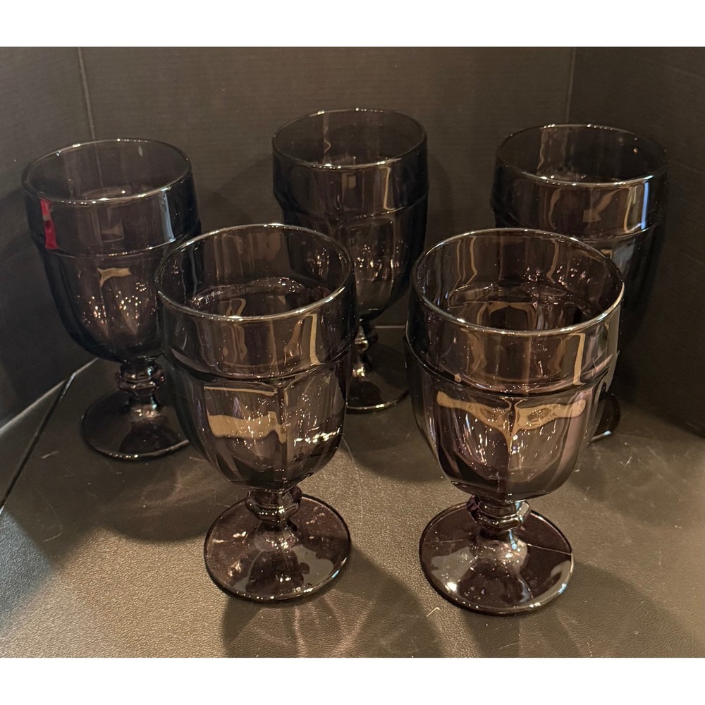 Libbey Gibraltar Duratuff Water Tea Goblets Purple Paneled Glasses Footed 7"